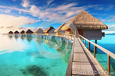 overwater bungalows on a serene tropical lagoon Stock Photo