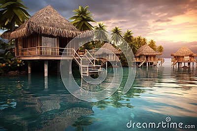 overwater bungalows on a serene tropical lagoon Stock Photo