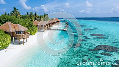 Overwater bungalows on a tropical island with palm trees and clear blue water Stock Photo