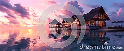 Overwater bungalows at tropical resort at sunset Stock Photo