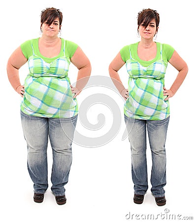 Before and After Overweight 45 year Old Woman Stock Photo
