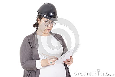 Overweight architect woman take notes Stock Photo