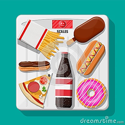 Overweight on bathroom scale, fast food on floor. Vector Illustration