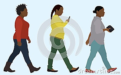 Overweight Black Women Walking Vector Illustration
