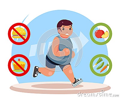 Overweight body diet fat man character lose weight figure health junk food refusal flat cartoon design vector Vector Illustration