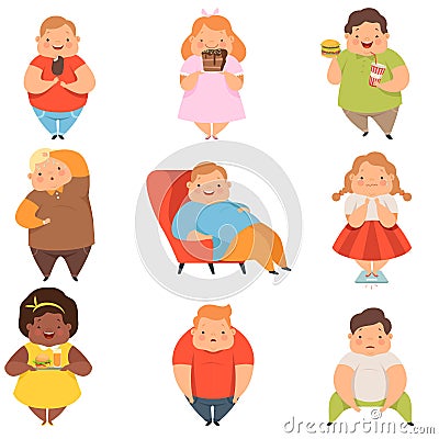 Overweight boys and girls set, cute chubby children cartoon characters eating fast food vector Illustration on a white Vector Illustration