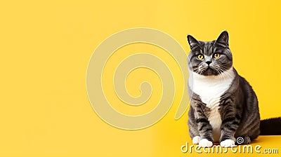 Overweight cat looking to side on yellow background, studio shot, copy space. Stock Photo