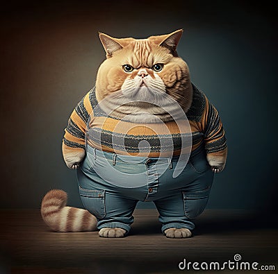 Overweight cat wearing clothes on a colored background. Generative AI Stock Photo