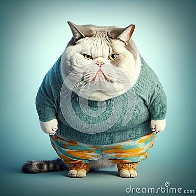 Overweight cat wearing clothes on a colored background. Generative AI Stock Photo