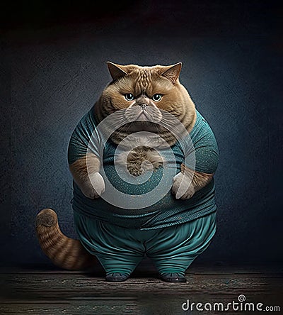 Overweight cat wearing clothes on a colored background. Generative AI Stock Photo