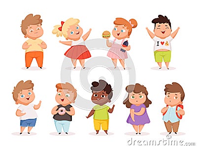 Overweight children. Fat kids eating different junk food oversize people in casual clothes vector different characters Vector Illustration
