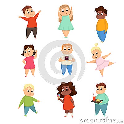 Overweight Chubby Girls and Boys, Cute Plump Kids Characters Doing Sports Exercises and Eating Fast Food Cartoon Style Vector Illustration