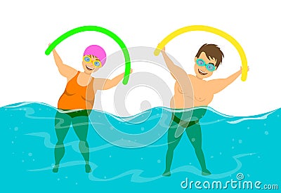Overweight couple, man and woman do water aqua fitness aerobics in the pool Vector Illustration