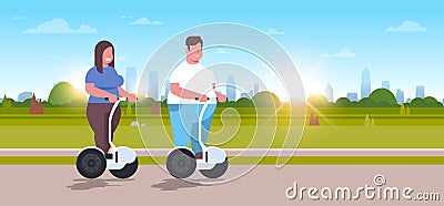 Overweight couple riding self balancing scooter city park obese man woman on electric gyroscooter weight loss concept Vector Illustration