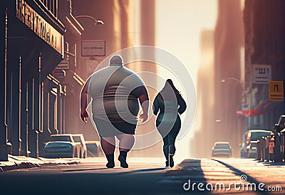 An overweight couple running down the street Cartoon Illustration