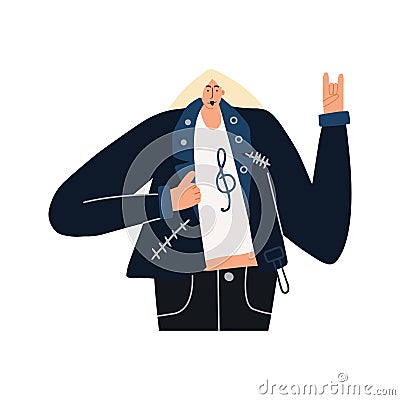 Overweight cute blonde rocker in biker jacket shows sign of the horns. Vector hand drawn Vector Illustration