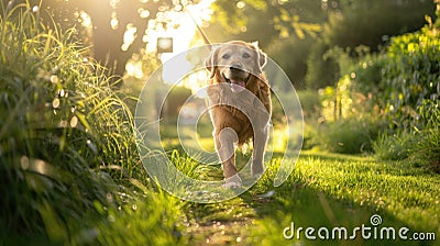 An overweight dog starting its fitness journey with a gentle walk in a lush green park, with motivational signs for Stock Photo