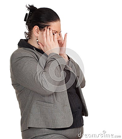 Overweight, fat businesswoman with headache Stock Photo