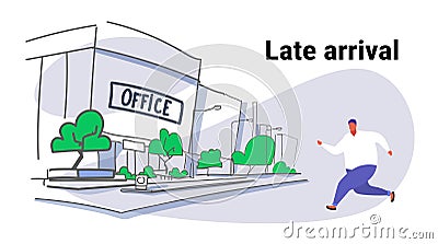 Overweight fat man running male over size worker late arrival concept modern city office building view cityscape sketch Vector Illustration