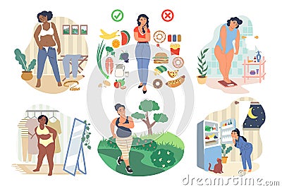 Overweight female character set, vector flat isolated illustration Vector Illustration