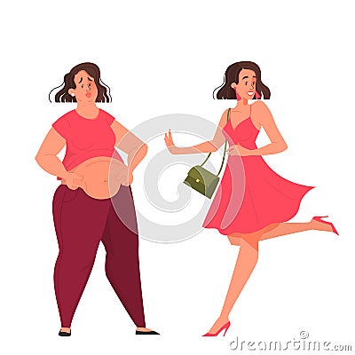 Overweight girl change her body shape into thin. Idea of Vector Illustration