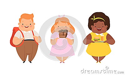 Overweight Little Children with Extra Body Fat Overeating Unhealthy Food Vector Set Vector Illustration