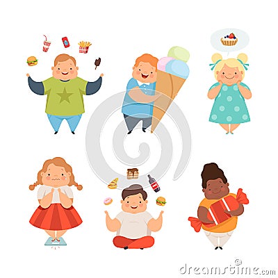 Overweight Little Children with Extra Body Fat Overeating Unhealthy Food Vector Set Stock Photo
