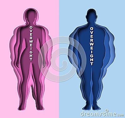 Overweight man woman silhouette paper cut vector Vector Illustration