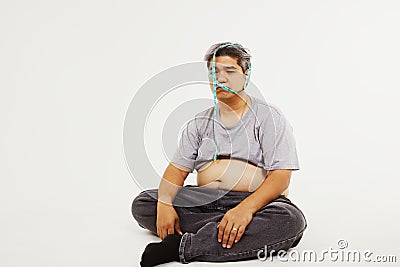 Overweight men stressed by obesity are desperate to lose too much weight. Stock Photo