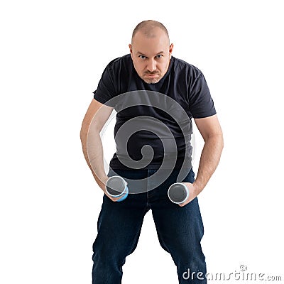 Overweight middle aged man with dumbbells. Isolated on no white background Stock Photo