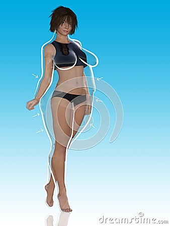 Overweight obese female vs slim fit healthy body after weight loss or diet with white outline and pointing arrows Cartoon Illustration