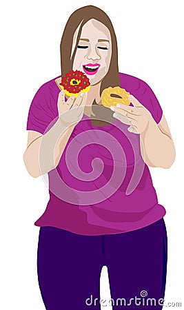 Overweight obese woman eating donuts and dreaming of fit and slim bodyof Stock Photo