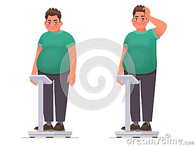 Overweight. A pensive fat man is standing on the scales. It`s time to lose weight. Vector illustration Cartoon Illustration