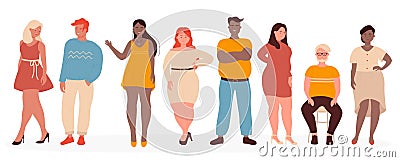 Overweight people vector illustration, cartoon flat woman man model characters wearing casual clothes standing in row Vector Illustration