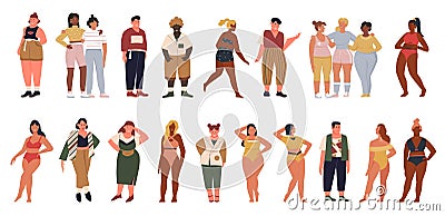 Overweight people set, young plus size man woman wearing fashion casual clothes, bikini Vector Illustration