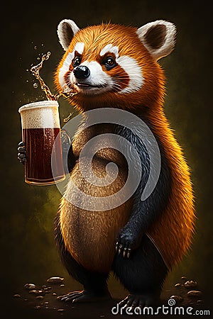 Overweight red panda holding a glass of beer illustration in cartoon style. Generative AI Cartoon Illustration