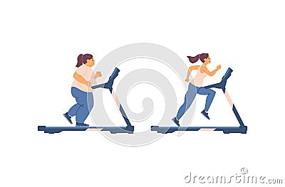 Overweight and slim woman train on treadmill, flat vector illustration isolated. Vector Illustration