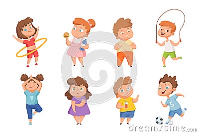 Overweight vs sporty children. Confused fat kids, happy thin boys girls. Healthy and unhealthy lifestyle vector Vector Illustration