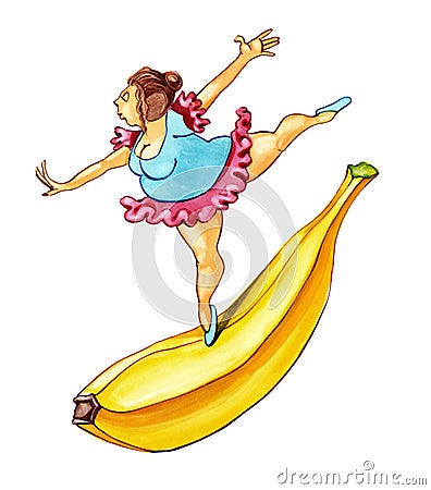 Overweight woman on banana Stock Photo