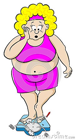 Overweight woman on bathroom scale Vector Illustration