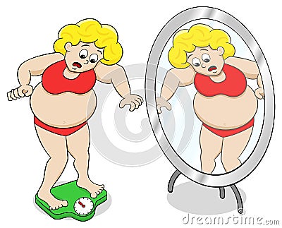 Overweight woman on bathroom scale Vector Illustration