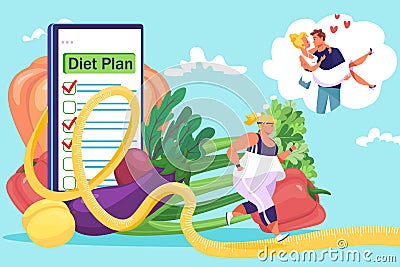 Overweight woman character running dream about love, organic healthy vegetable diet plan, healthy sport exercise flat Vector Illustration