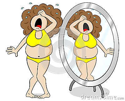 Overweight woman cries in front of a mirror Vector Illustration