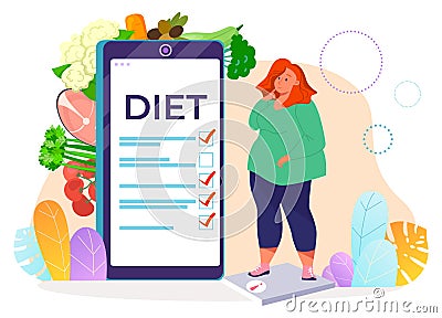 Overweight woman on diet, healthy eating, obesity danger, health care, healthcare concept, cartoon style vector Vector Illustration