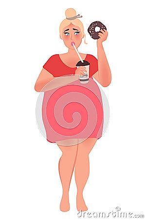 A girl with a curvaceous body drinks coffee and holds a sweet donut. Overweight, obesity, dietetics. Fashion size plus. Vector gra Vector Illustration