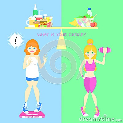 Overweight woman and healthy eating woman, healthy lifestyle choice concept with fast food and vegetable, fruit on scale Vector Illustration