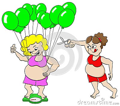 Overweight woman outwits a bathroom scale with balloons Vector Illustration