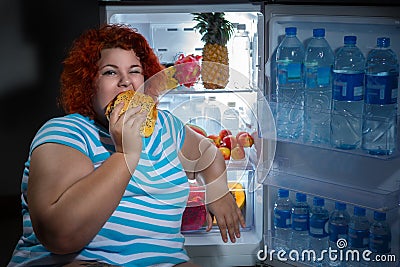 Overweight woman with refrigerator Stock Photo