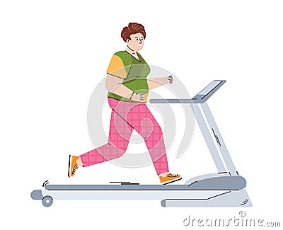 Overweight woman running on treadmill flat cartoon vector illustration isolated. Vector Illustration