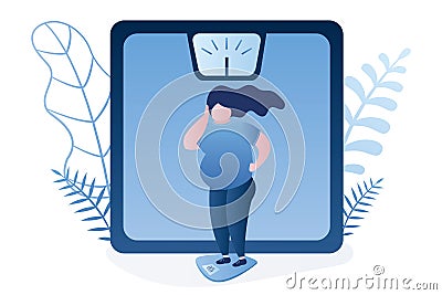 Overweight woman on scales. Obesity health problem concept Vector Illustration